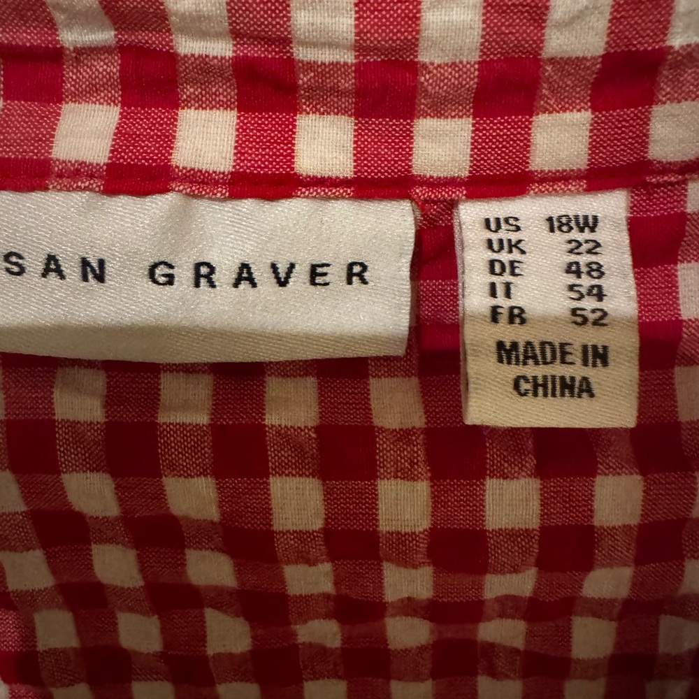 Susan Graver 3/4 sleeve Red Gingham Button-Up Shirt - Picture 2 of 9